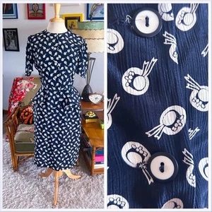 Vintage 1940s Style Jacket l Blouse l Novelty Hat Print l M l Blue l 40s 80s - Picture 1 of 9