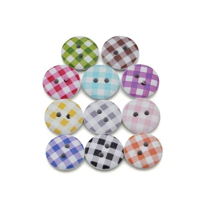 50Pcs Wooden Buttons, Checkered Print, 2-Hole, Assorted Colors, DIY Sewing 15mm - Image 1 of 4