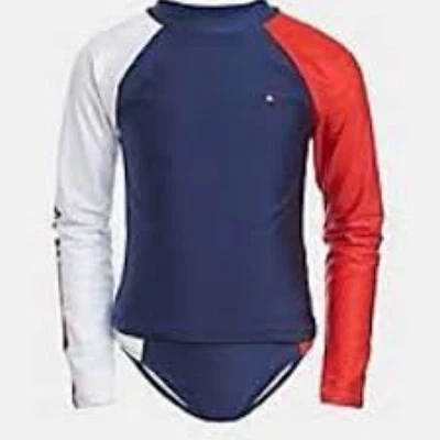 GIRLS TOMMY HILFIGER LONG SLEEVED RASH GUARD SWIMSUIT SET SZ 16•RED/WHITE/BLUE - Image 1 of 4