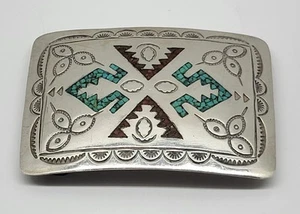 VTG Navajo 3" Belt Buckle Crushed Inlaid Turquoise And Red Coral AB SIGNED AD - Picture 1 of 4