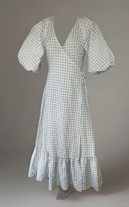 PETAL & PUP Green Gingham Puff Sleeve Wrap Maxi Dress Tiered Hem Size 12 - Picture 1 of 7