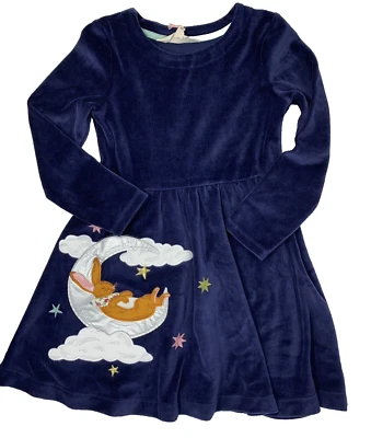 NWT Mini Boden Girls 7-8 Blue Velour Long Sleeve Bunny in Moon Appliqué Dress - Image 1 of 4