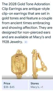 Gold tone 1.25 inch clip on earrings from store 1928. Shows a couple embracing. - Picture 1 of 5