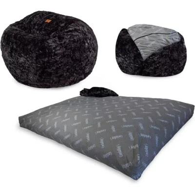 Queen Faux Fur Convertible Bean Bag Chair, Full Classic, Black - Image 1 of 2