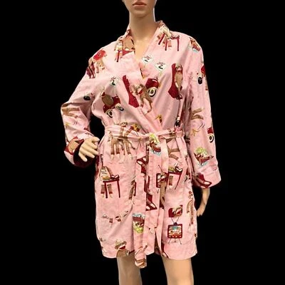 NICK & NORA L / XL Belted Lined Front Pockets Pink Sock Monkey Robe  - Image 1 of 4