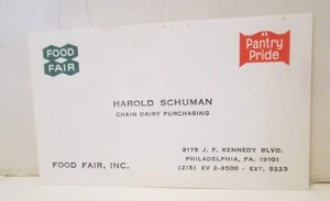 VINTAGE FOOD FAIR PANTRY PRIDE PHILADELPHIA SUPERMARKET CHAIN BUSINESS CARD - Picture 1 of 1