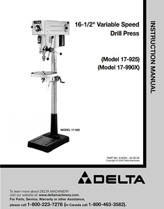 Delta 17-925 16 1/2" Drill Press Instructions Manual - Picture 1 of 1