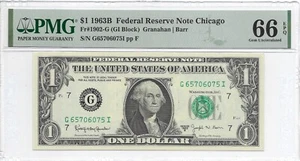 1963B $1 CHICAGO FRN. PMG GEM Uncirculated 66 EPQ Banknote. 1st OF 2 Consecutive - Picture 1 of 2