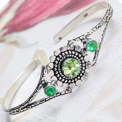 Peridot Cut,Chrome Diopside Gemstone Cuff 925 Sterling Silver Handcraft Bracelet - Image 1 of 4