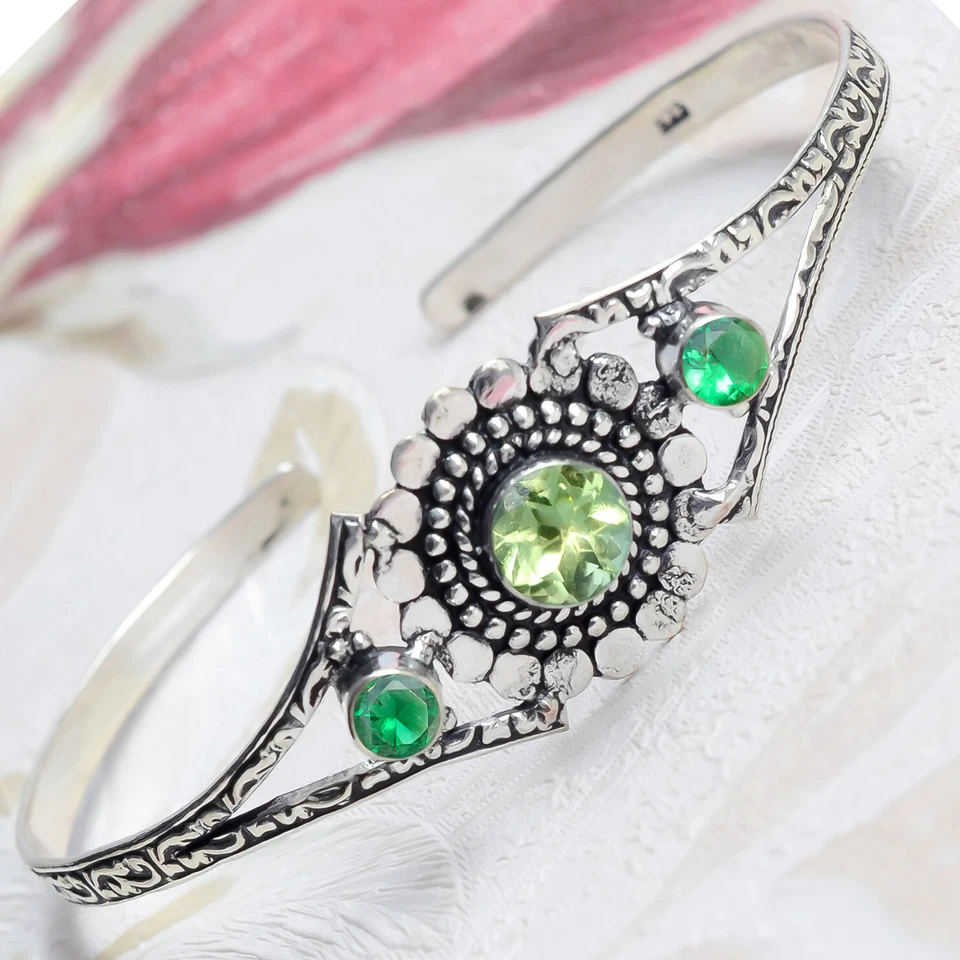 Peridot Cut,Chrome Diopside Gemstone Cuff 925 Sterling Silver Handcraft Bracelet - Image 1 of 4