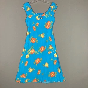 Girls Vintage 90's Dress Size 14 Slip Blue Floral Dress Hawaiian Casual Rayon - Picture 1 of 10