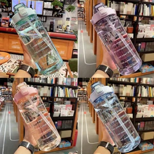Sports Water Bottle Time Marker Gym 2L Drinking With Straw Large Travel Bottle - Picture 1 of 18