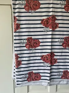 2.4m Lillestoff White/ Blue Stripes with large Roses Cotton Jersey Fabric - Picture 1 of 4