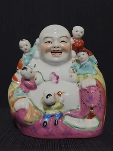 Porcelain Chinese Smiling Buddha With 5 Children 8.25"H With Marks - Picture 1 of 13