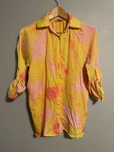 Tucker Womens Top XS Yellow Pink Silk Satin Tie Dye Stretch Roll Tab Sleeve Art - Picture 1 of 8