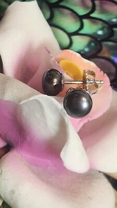 Vintage Tahitian Pearl 7.5mm Solid Sterling Silver Stud Earrings Solitaire Type - Picture 1 of 3