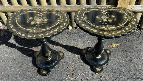 Vintage Pair Black Accent Tables with Mother of Pearl Inlay Beautiful Cover