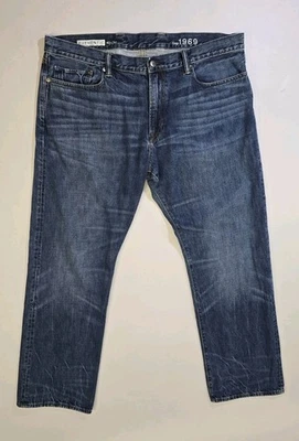 Gap 1969 Jeans Mens 40x32 Dark Blue Authentic Straight Denim Whiskered  Cotton - Image 1 of 4
