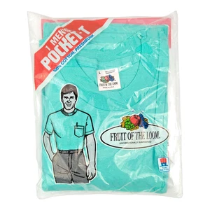 T-shirt Fruit of the Loom vintage 1987 uomo tasca L cotone teal NOS made USA - Foto 1 di 3