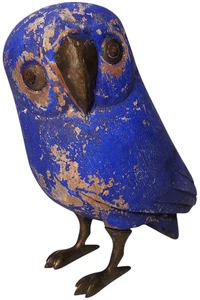 RARO GUFO SERGIO BUSTAMANTE, MESSICO MID-CENT HND CRVD BLU NEON PNTD LEGNO E OTTONE - Foto 1 di 15