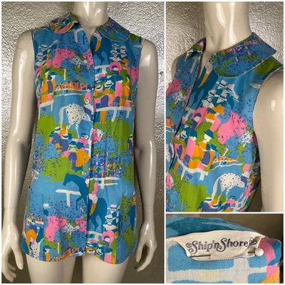 Camisa Derby Horse Manga Corta Algodón Multicolor Azul ENVÍO N SHORE Años 60 De Colección Foto 1 de 4