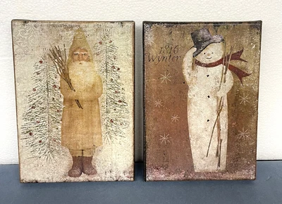 Primitive Fold Art Old-World Santa and Snowman 5"x7" canvas prints signs - Image 1 of 4