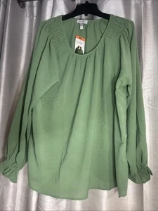 Jessica Simpson Blouse 2x Green XXL U Neck Float Sleeves Elastic Cuff Peasant - Picture 1 of 13