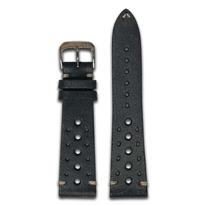 Cinturino orologio vintage in pelle | fori da corsa | nero | punto bianco crema - Foto 1 di 2