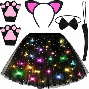 Schwarze Katze Kostüm für Mädchen, 6-teilig Kinder Katzenkostüm mit LED Leucht Tutu Rock - Bild 1 von 7