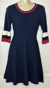 Draper James New Large Nassau Navy Blue Stripe Bell Sleeve Knit Sweater Dress - Picture 1 of 14