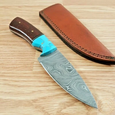Damascus Fixed Knife 4" Steel Full Tang Blade Redwood Turquoise Handle w/Sheath - Image 1 of 4