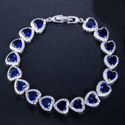 New Love Heart Ocean Blue Topaz Gemstone Fashion Women Silver Charm Bracelets - Image 1 of 4