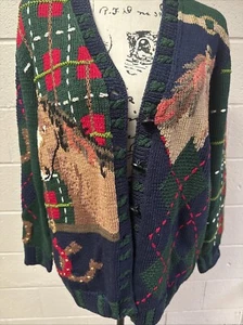 BEREK MARTA D Hand Knit Horses Christmas Tartan Green Cardigan Sweater Size S - Picture 1 of 8