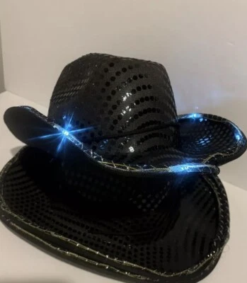 Sombrero LED Vaquero Fiesta Gorra Negro Blanco Lentejuelas Intermitente Iluminado Fiesta Sombrero Bailarín Foto 1 de 4