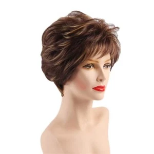 Moda Corta Marrón Mezcla Rubia Recta Ondulada Para mujeres Dama Peluca de Cabello Pelucas Completas + Gorra - Imagen 1 de 5