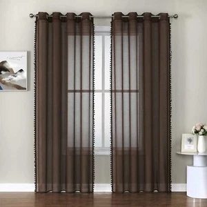 SELECTEX Linen Look Grommet Semi Sheer Curtain Panels w/Pom Pom in Coffee - NEW - Picture 1 of 5