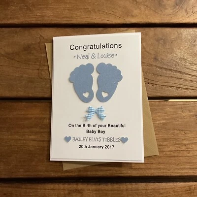 SHELL BELL CARDS Handmade personalised new baby boy card- personalised with parent / baby names