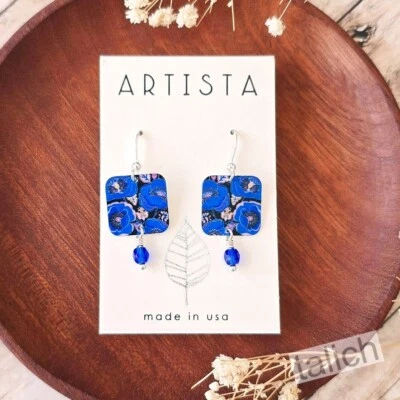 Artista Earrings 'PHYLLIS' Small Blue Floral Square with Bead Lightweight Unique - Image 1 of 4