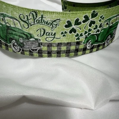 10 Yards 2.5 Inch Wired Ribbon St Patrick Day Sparkly Green Plaid Shamrock Truck - Image 1 of 2