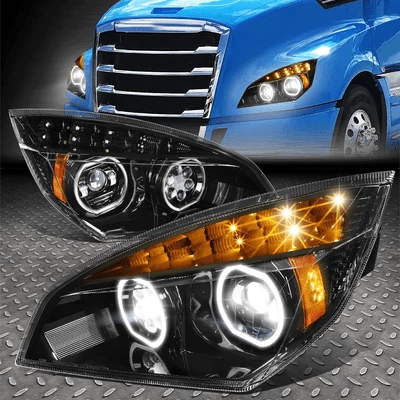 [LED HALO DRL+SIGNAL]FOR 18-24 FREIGHTLINER CASCADIA PROJECTOR HEADLIGHTS BLACK - Image 1 of 4