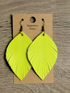 Handmade GENUINE Leather Feather Earrings Neon Yellow Pebbled 2" - Picture 1 of 1