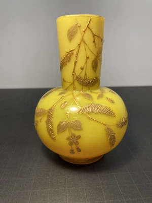BEAUTIFULL HARRACH NUMBERED GOLD ENAMELED YELLOW PINK CASED BUD VASE  c1890s - Image 1 of 4