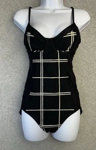 Athleta Black Plaid One-Piece Swimsuit 32B/C Tall Underwire Shelf Bra Read - Picture 1 of 15