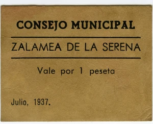# SPAIN CIVIL WAR 1937 • ZALAMEA SERENA 1pta MUN. ☆ GUERRA CIVIL ESPAÑOLA ☆D0307 - Picture 1 of 2