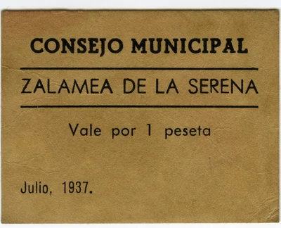 # SPAIN CIVIL WAR 1937 • ZALAMEA SERENA 1pta MUN. ☆ GUERRA CIVIL ESPAÑOLA ☆D0307 - Image 1 of 2