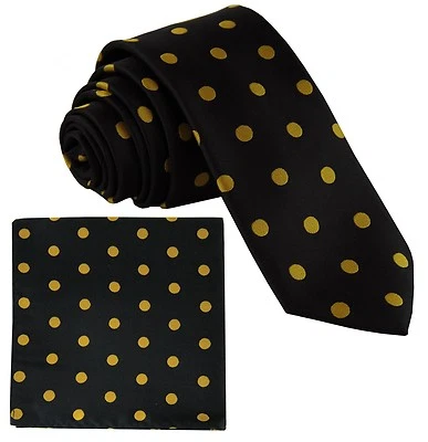New Men's Poly Woven 2.5" Skinny Slim Necktie & Hankie Polka Dots Black Yellow - Image 1 of 3