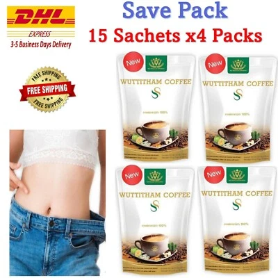 4x Wuttitham Café Instantáneo 32 en 1 Salud Control de Peso Anti Envejecimiento 0% Grasa Azúcar  Foto 1 de 4