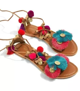 TOPSHOP FLAT SHOES LEATHER SANDALS SHOES UK 5 EUR 38 US 7.5 GLADIATOR POM POM - Picture 1 of 5