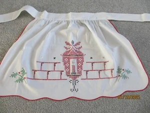 Vintage Christmas Half Apron Hand Embroidered Cross Stitch - Picture 1 of 2