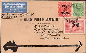 1932 Australia Brisbane To Sydney 3 Stamp Addressed Flight Cover To NZ, OS , VGC - Bild 1 von 1